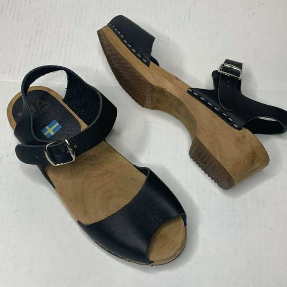 MIA Black Leather Wood Swedish Clogs Rubber Lug Soles EU 38 - Picture 1 of 10
